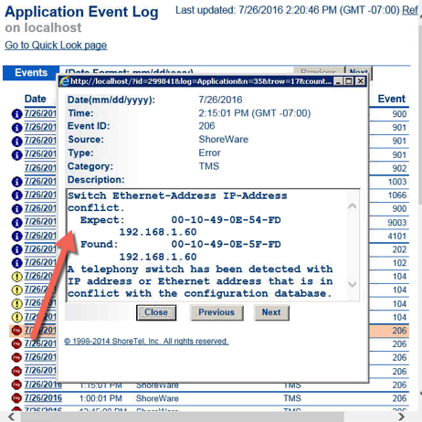 ShoreTel application event log