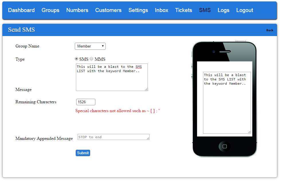 SMS portal send message form