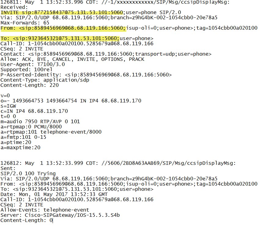 SIP diagnostic output