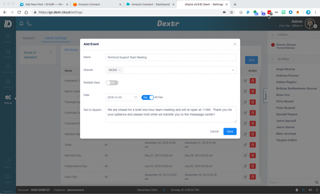 holidaySchedule2-1024x621 Dextr a Customized Agent Dashboard for #AmazonConnect Call Center!